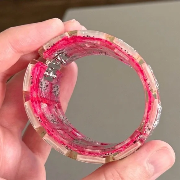 CHANEL 2014 Pink Tweed Inlay Crystal CC Cuff Bracelet - Picture 5 of 6